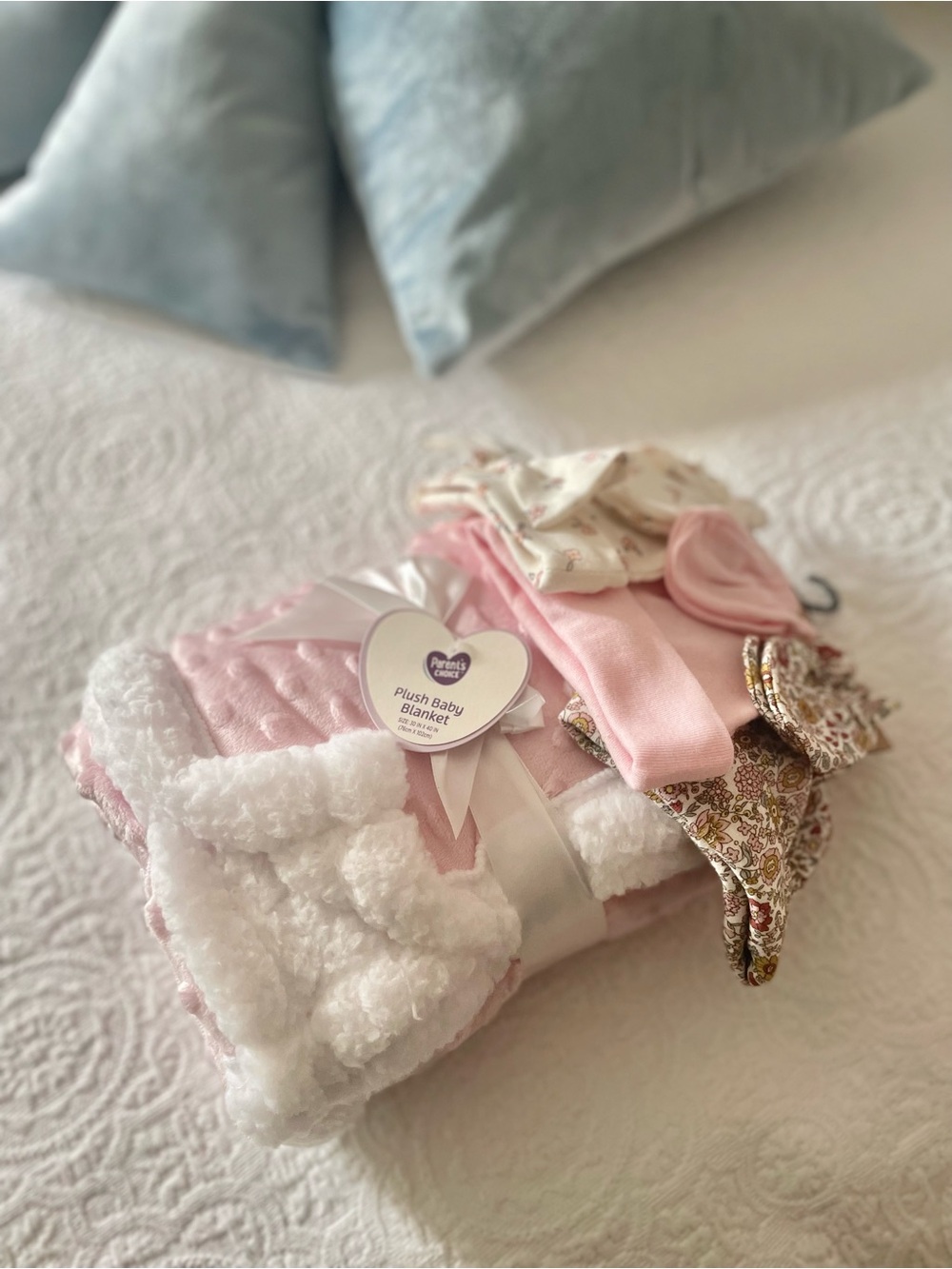 Cozy Plush Baby Blanket, Mitts & Caps Set - Pink and White